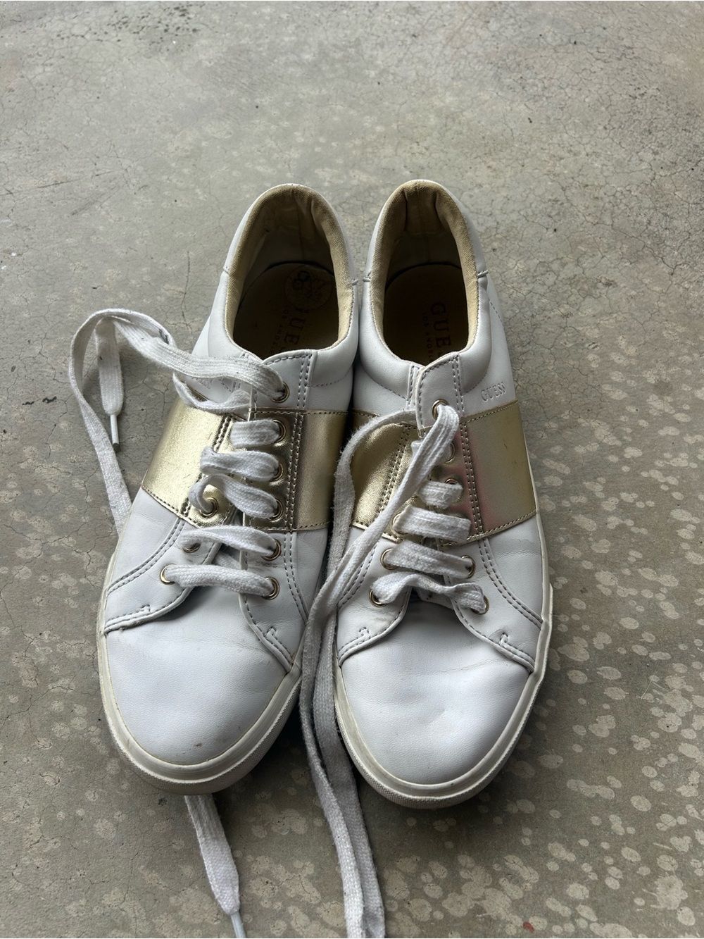 Guess White Leather Sneakers with Metallic Gold Stripe